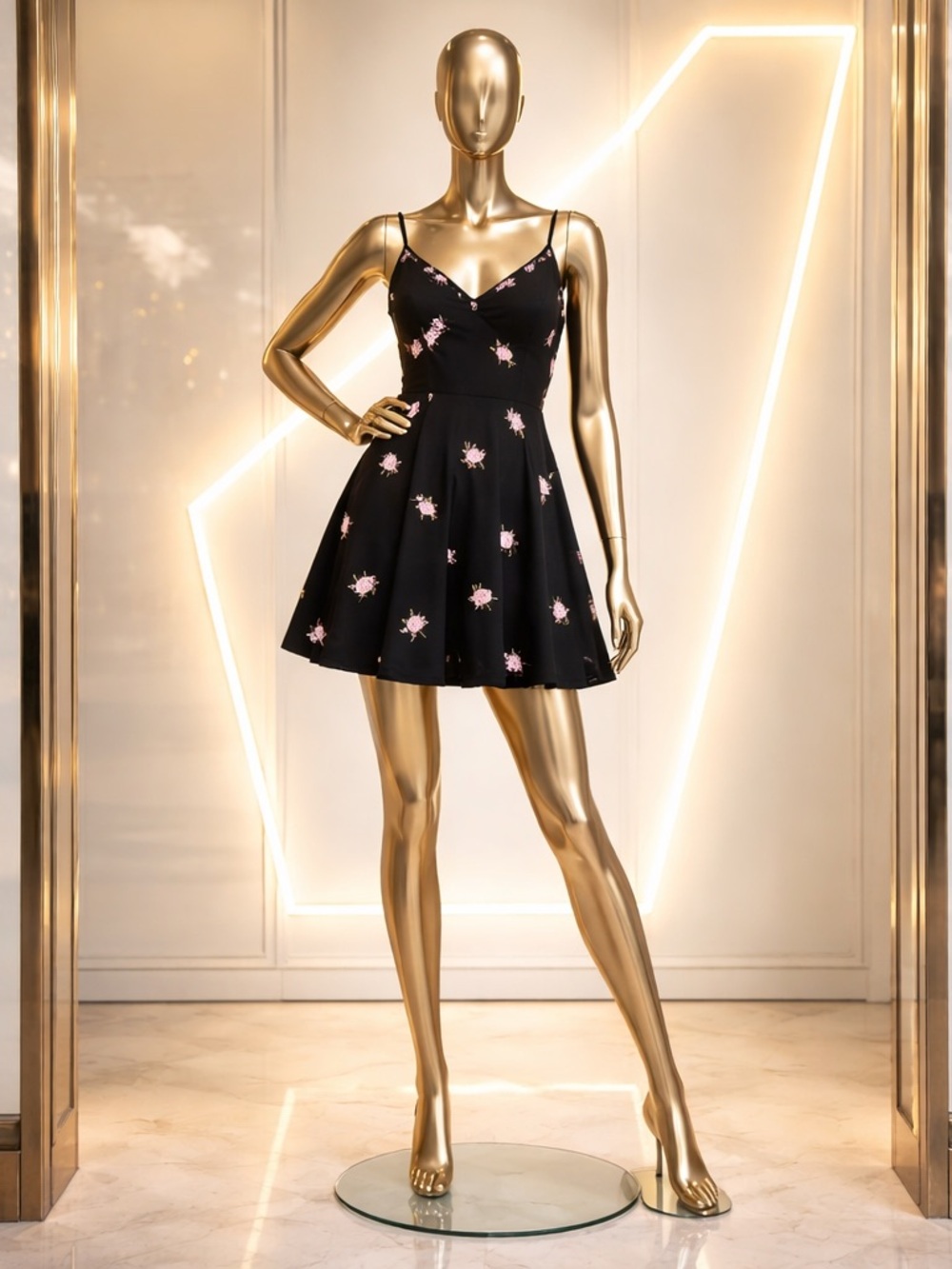 miami Black Spaghetti-Strap Mini Dress with Pink Floral Motif